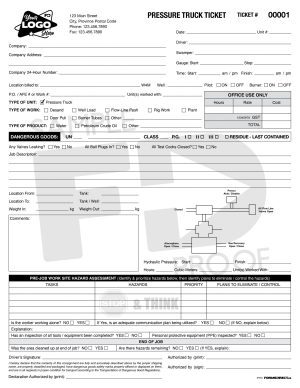 Pressure Truck Ticket Custom Form Template