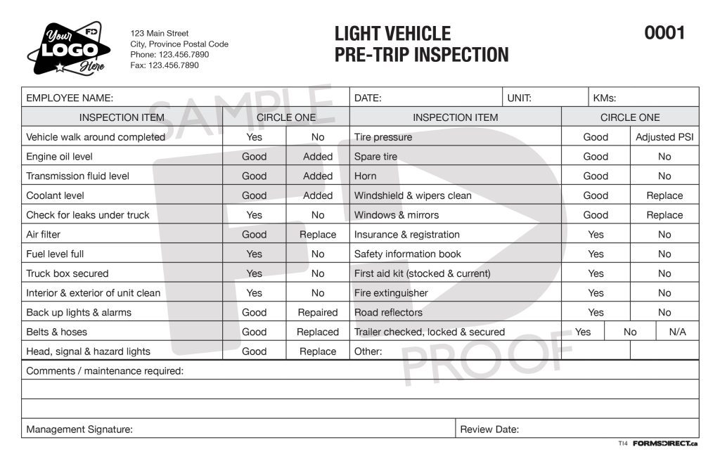 Light Vehicle Pre-Trip Inspection | TI4 Form Template | Forms Direct